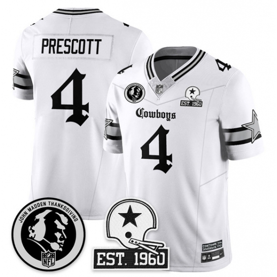 Dallas Cowboys #4 Dak Prescott White 2025 F U S E With John Madden Patch 26 Established In 1960 Patch Vapor Limited Stitched Football Jersey Dallas Cowboys #4 Dak Prescott White 2025 F U S E With John Madden Patch 26 Established In 1960 Patch Vapor Limited Stitched Football Jersey