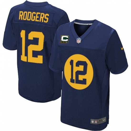 Men's Nike Green Bay Packers #12 Aaron Rodgers Elite Navy Blue Alternate C Patch NFL Jersey