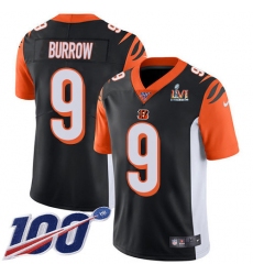 Men's Nike Cincinnati Bengals #9 Joe Burrow Black Team Color Super Bowl LVI Patch Stitched NFL 100th Season Vapor Limited Jersey