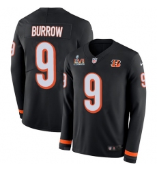 Men's Nike Cincinnati Bengals #9 Joe Burrow Black Team Color Super Bowl LVI Patch Stitched NFL Limited Therma Long Sleeve Jersey