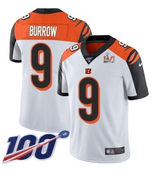 Men's Nike Cincinnati Bengals #9 Joe Burrow White Super Bowl LVI Patch Stitched NFL 100th Season Vapor Limited Jersey