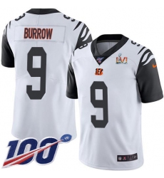 Men's Nike Cincinnati Bengals #9 Joe Burrow White Super Bowl LVI Patch Stitched NFL Limited Rush 100th Season Jersey