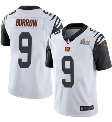Men's Nike Cincinnati Bengals #9 Joe Burrow White Super Bowl LVI Patch Stitched NFL Limited Rush Jersey