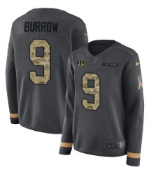 Women's Nike Cincinnati Bengals #9 Joe Burrow Anthracite Salute to Service Stitched NFL Limited Therma Long Sleeve Jersey