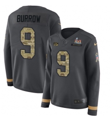Women's Nike Cincinnati Bengals #9 Joe Burrow Anthracite Super Bowl LVI Patch Salute to Service Stitched NFL Limited Therma Long Sleeve Jersey