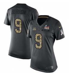 Women's Nike Cincinnati Bengals #9 Joe Burrow Black Super Bowl LVI Patch Stitched NFL Limited 2016 Salute to Service Jersey