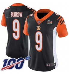 Women's Nike Cincinnati Bengals #9 Joe Burrow Black Team Color Super Bowl LVI Patch Stitched NFL 100th Season Vapor Untouchable Limited Jersey