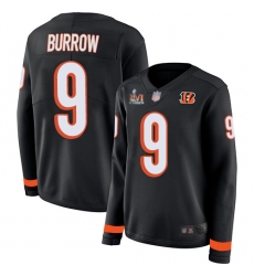 Women's Nike Cincinnati Bengals #9 Joe Burrow Black Team Color Super Bowl LVI Patch Stitched NFL Limited Therma Long Sleeve Jersey