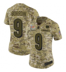 Women's Nike Cincinnati Bengals #9 Joe Burrow Camo Super Bowl LVI Patch Stitched NFL Limited 2018 Salute To Service Jersey
