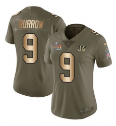 Women's Nike Cincinnati Bengals #9 Joe Burrow Olive-Gold Super Bowl LVI Patch Stitched NFL Limited 2017 Salute To Service Jersey