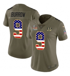 Women's Nike Cincinnati Bengals #9 Joe Burrow Olive-USA Super Bowl LVI Patch Flag Stitched NFL Limited 2017 Salute To Service Jersey