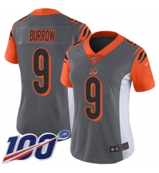 Women's Nike Cincinnati Bengals #9 Joe Burrow Silver Stitched NFL Limited Inverted Legend 100th Season Jersey