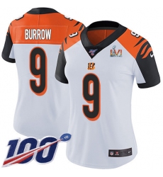 Women's Nike Cincinnati Bengals #9 Joe Burrow White Super Bowl LVI Patch Stitched NFL 100th Season Vapor Untouchable Limited Jersey