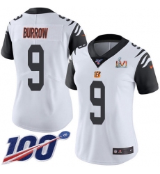 Women's Nike Cincinnati Bengals #9 Joe Burrow White Super Bowl LVI Patch Stitched NFL Limited Rush 100th Season Jersey