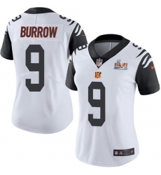 Women's Nike Cincinnati Bengals #9 Joe Burrow White Super Bowl LVI Patch Stitched NFL Limited Rush Jersey