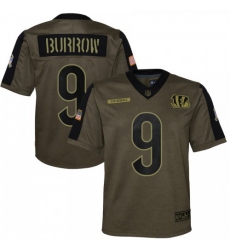 Youth Cincinnati Bengals #9 Joe Burrow Olive Nike 2021 Salute To Service Game Jersey