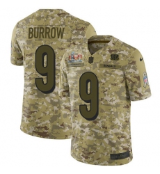 Youth Nike Cincinnati Bengals #9 Joe Burrow Camo Super Bowl LVI Patch Stitched NFL Limited 2018 Salute To Service Jersey