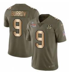 Youth Nike Cincinnati Bengals #9 Joe Burrow Olive-Gold Super Bowl LVI Patch Stitched NFL Limited 2017 Salute To Service Jersey