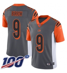Youth Nike Cincinnati Bengals #9 Joe Burrow Silver Stitched NFL Limited Inverted Legend 100th Season Jersey
