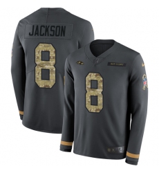 Men’s Nike Baltimore Ravens #8 Lamar Jackson Anthracite Salute to Service Stitched NFL Limited Therma Long Sleeve Jersey