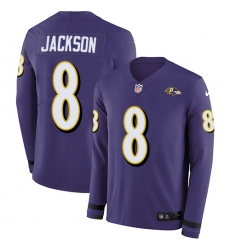 Men’s Nike Baltimore Ravens #8 Lamar Jackson Purple Team Color Stitched NFL Limited Therma Long Sleeve Jersey