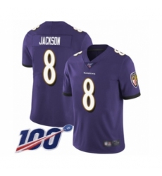 Men's Nike Baltimore Ravens #8 Lamar Jackson Purple Team Color Vapor Untouchable Limited Player 100th Season NFL Jersey