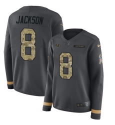 Women‘s Nike Baltimore Ravens #8 Lamar Jackson Anthracite Salute to Service Stitched NFL Limited Therma Long Sleeve Jersey