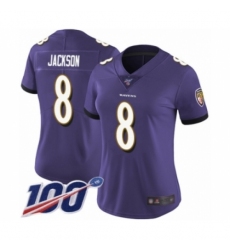 Women's Nike Baltimore Ravens #8 Lamar Jackson Purple Team Color Vapor Untouchable Limited Player 100th Season NFL Jersey