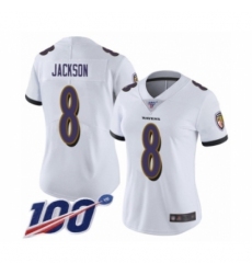 Women's Nike Baltimore Ravens #8 Lamar Jackson White Vapor Untouchable Limited Player 100th Season NFL Jersey