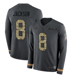 Youth Nike Baltimore Ravens #8 Lamar Jackson Anthracite Salute to Service Stitched NFL Limited Therma Long Sleeve Jersey