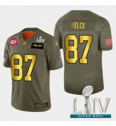 Men's Kansas City Chiefs #87 Travis Kelce Nike Olive Gold Super Bowl LIV 2020 2019 Salute to Service Limited NFL 100 Jersey