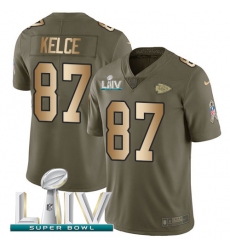 Men's Nike Kansas City Chiefs #87 Travis Kelce Olive-Gold Super Bowl LIV 2020 Stitched NFL Limited 2017 Salute To Service Jersey