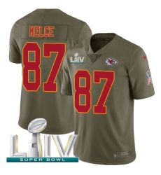 Men's Nike Kansas City Chiefs #87 Travis Kelce Olive Super Bowl LIV 2020 Stitched NFL Limited 2017 Salute To Service Jersey
