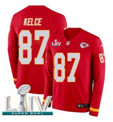 Men's Nike Kansas City Chiefs #87 Travis Kelce Red Super Bowl LIV 2020 Team Color Stitched NFL Limited Therma Long Sleeve Jersey