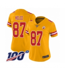 Women's Kansas City Chiefs #87 Travis Kelce Limited Gold Inverted Legend 100th Season Football Jersey