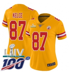Women's Nike Kansas City Chiefs #87 Travis Kelce Gold Super Bowl LIV 2020 Stitched NFL Limited Inverted Legend 100th Season Jersey