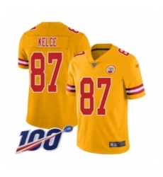 Youth Kansas City Chiefs #87 Travis Kelce Limited Gold Inverted Legend 100th Season Football Jersey