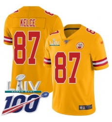 Youth Nike Kansas City Chiefs #87 Travis Kelce Gold Super Bowl LIV 2020 Stitched NFL Limited Inverted Legend 100th Season Jersey