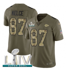 Youth Nike Kansas City Chiefs #87 Travis Kelce Olive-Camo Super Bowl LIV 2020 Stitched NFL Limited 2017 Salute To Service Jersey