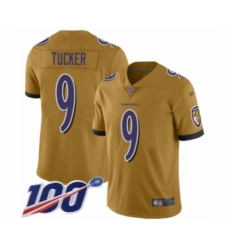 Men's Baltimore Ravens #9 Justin Tucker Limited Gold Inverted Legend 100th Season Football Jersey