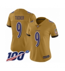 Women's Baltimore Ravens #9 Justin Tucker Limited Gold Inverted Legend 100th Season Football Jersey