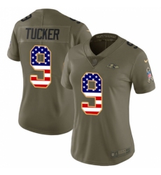 Women's Nike Baltimore Ravens #9 Justin Tucker Limited Olive/USA Flag Salute to Service NFL Jersey