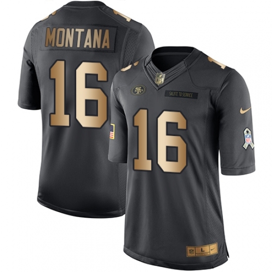 Men's Nike San Francisco 49ers #16 Joe Montana Limited Black/Gold Salute to Service NFL Jersey Men's Nike San Francisco 49ers #16 Joe Montana Limited Black/Gold Salute to Service NFL Jersey