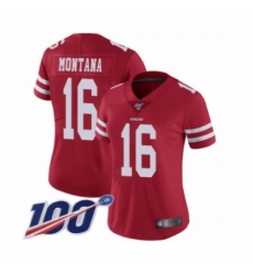 Women's San Francisco 49ers #16 Joe Montana Red Team Color Vapor Untouchable Limited Player 100th Season Football Jersey