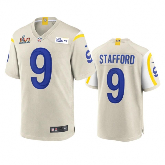 Men's Los Angeles Rams #9 Matthew Stafford Super Bowl LVI Patch Nike Game NFL Jersey - Bone Men's Los Angeles Rams #9 Matthew Stafford Super Bowl LVI Patch Nike Game NFL Jersey - Bone