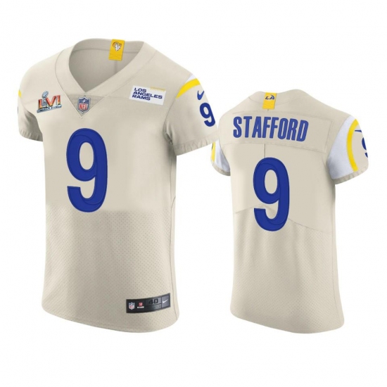 Men's Los Angeles Rams #9 Matthew Stafford Super Bowl LVI Patch Nike Vapor Elite Player NFL Jersey - Bone Men's Los Angeles Rams #9 Matthew Stafford Super Bowl LVI Patch Nike Vapor Elite Player NFL Jersey - Bone