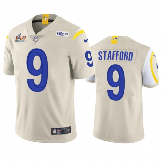 Men's Los Angeles Rams #9 Matthew Stafford Super Bowl LVI Patch Nike Vapor Limited NFL Jersey - Bone Men's Los Angeles Rams #9 Matthew Stafford Super Bowl LVI Patch Nike Vapor Limited NFL Jersey - Bone