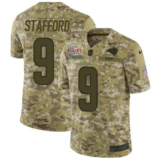 Men's Nike Los Angeles Rams #9 Matthew Stafford Camo Super Bowl LVI Patch Stitched NFL Limited 2018 Salute To Service Jersey Men's Nike Los Angeles Rams #9 Matthew Stafford Camo Super Bowl LVI Patch Stitched NFL Limited 2018 Salute To Service Jersey