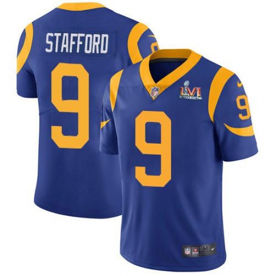 Men's Nike Los Angeles Rams #9 Matthew Stafford Royal Blue Alternate Super Bowl LVI Patch Stitched NFL Vapor Untouchable Limited Jersey Men's Nike Los Angeles Rams #9 Matthew Stafford Royal Blue Alternate Super Bowl LVI Patch Stitched NFL Vapor Untouchable Limited Jersey