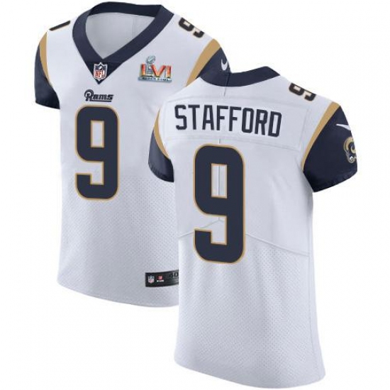 Men's Nike Los Angeles Rams #9 Matthew Stafford White Super Bowl LVI Patch Stitched NFL Vapor Untouchable Elite Jersey Men's Nike Los Angeles Rams #9 Matthew Stafford White Super Bowl LVI Patch Stitched NFL Vapor Untouchable Elite Jersey